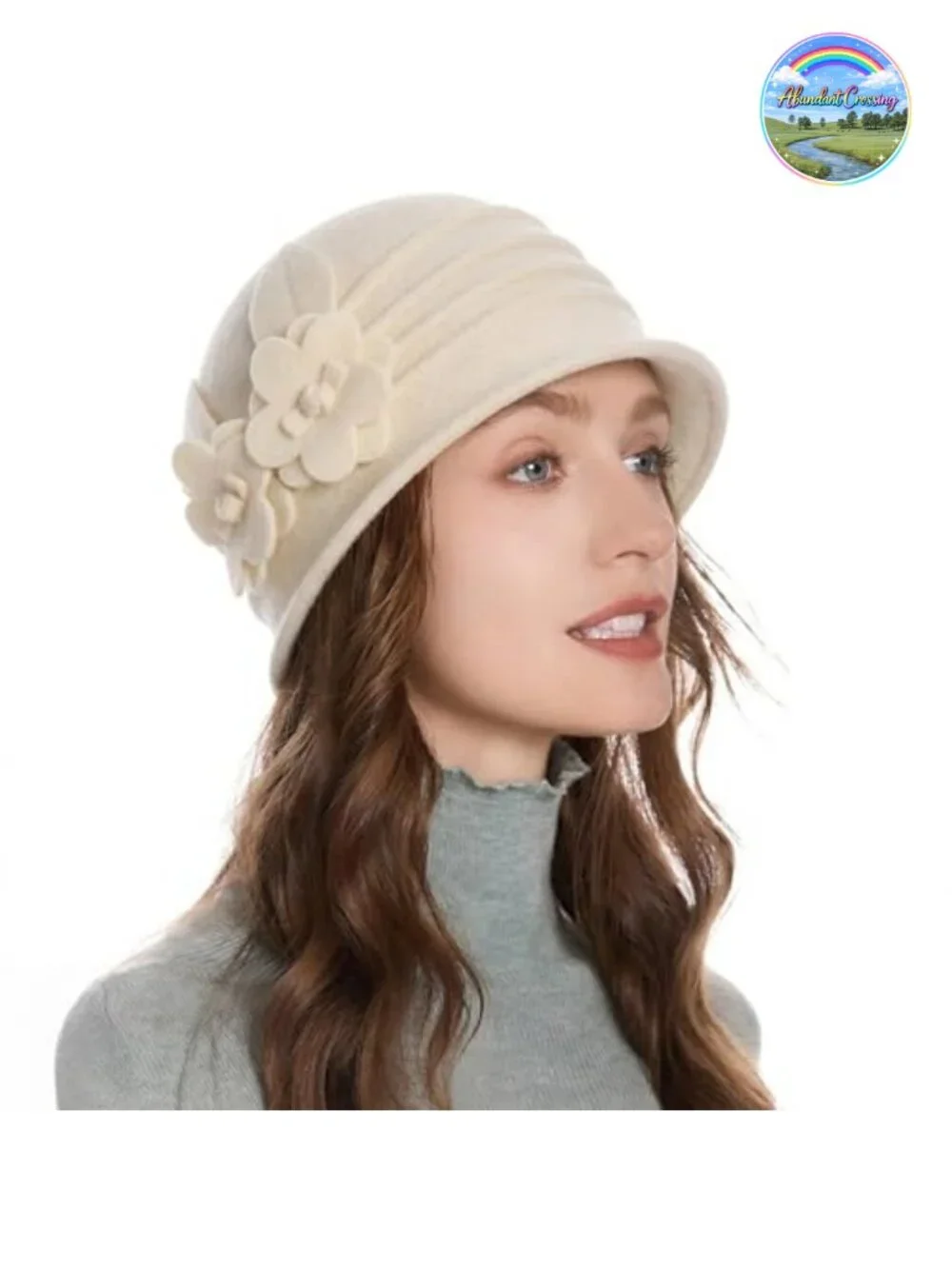 Vintage Wool Cloche Bucket Hat with Flower - Packable Winter Hat for Travel &